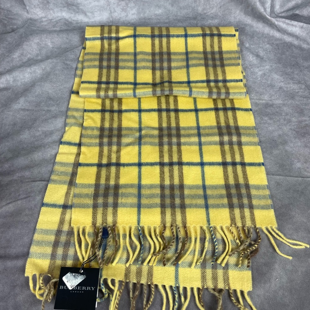 Burberry Cashmere Check Fringe Scarf Yellow NWT